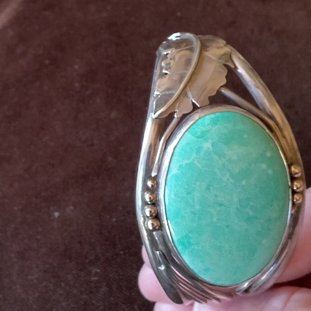 Vintage sterling silver cuff bracelet with natural Larimar stone. Handmade.